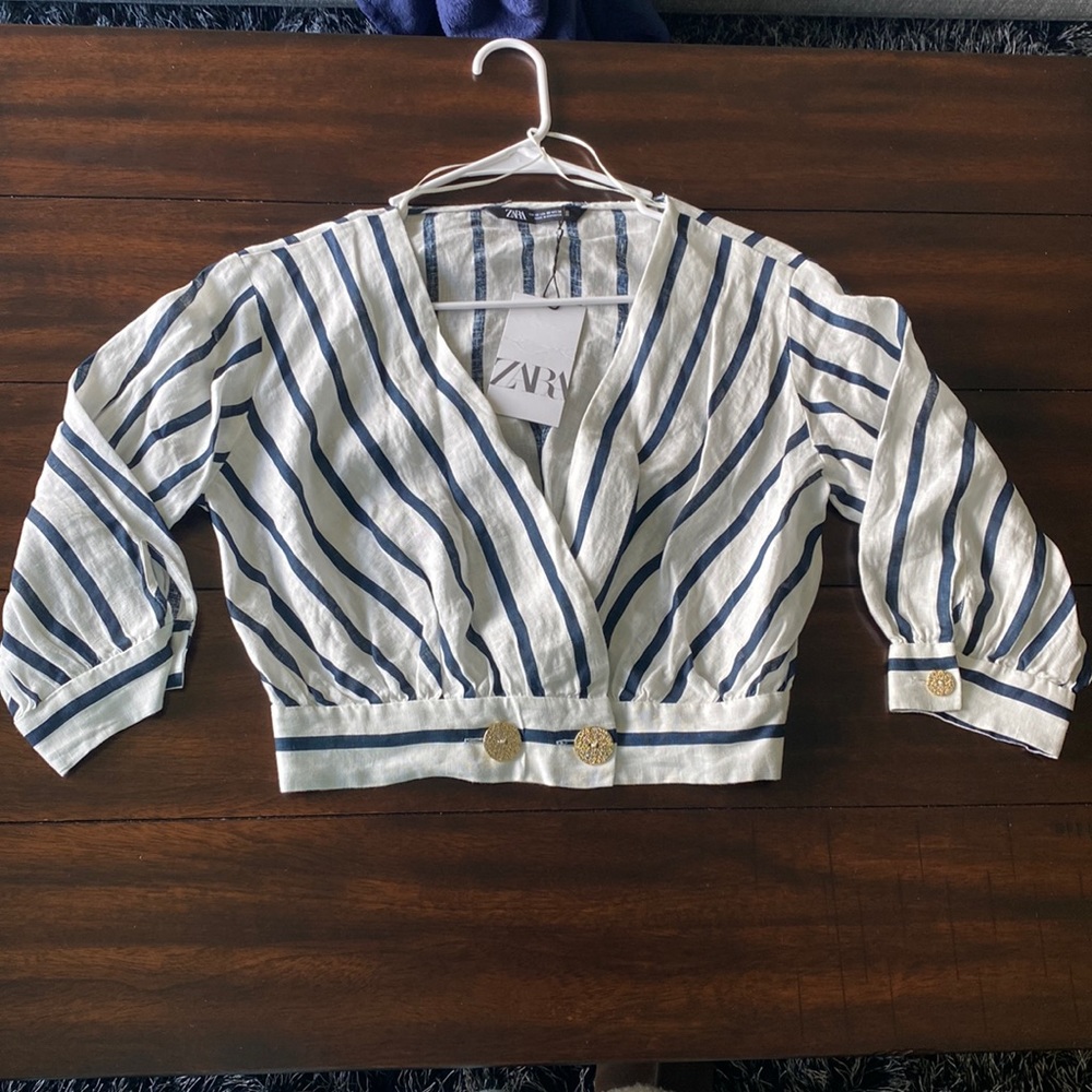 Zara Navy Blue and White Cropped Blouse
